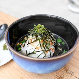 Saba-chazuke musubi with cured mackerel.