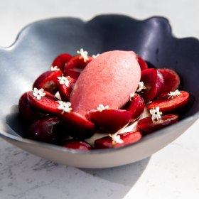 Cherries, meringue, almond cream and cherry sorbet.