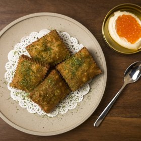 Panisse with spring garlic, creme fraiche and salmon roe.