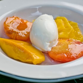 Wood-fired fruit with yoghurt sorbet. 
