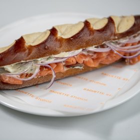 Smoked salmon pretzel baguette.