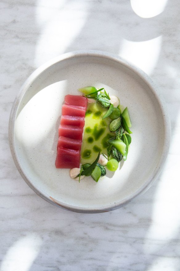Tuna crudo, mullet baccala and cucumber.