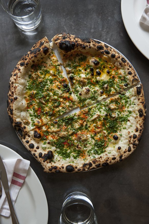 Bella Brutta’s clam pizza with fermented chilli, lemon juice, parsley and toasted garlic oil.