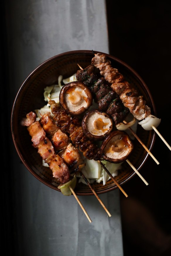 Skewers of chicken crackling, heart, hanger, thigh, pork belly and lamb shoulder.