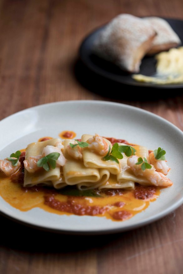 Paccheri pasta with crystal bay prawns.