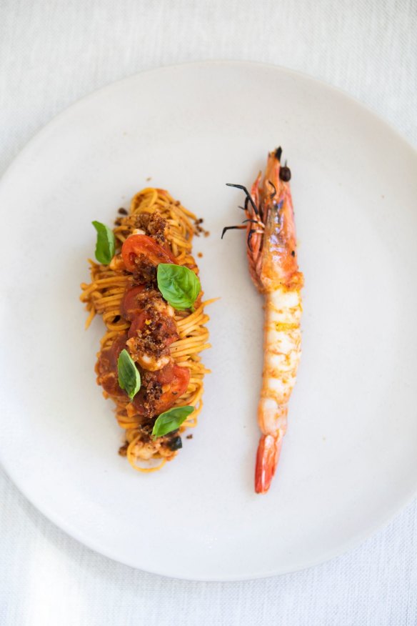 Tagliolini with king prawns and tomato crumb. 