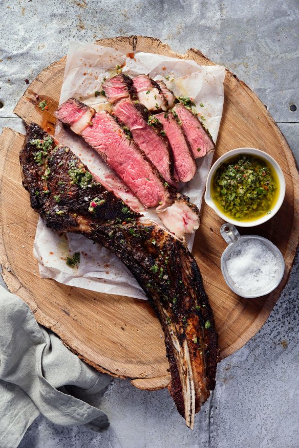 With their combination of rib-eye (top) and short rib (side), tomahawk steaks are difficult to cook.