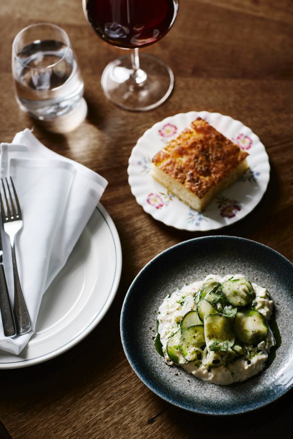 Potato focaccia, stracciatella and  zucchini.