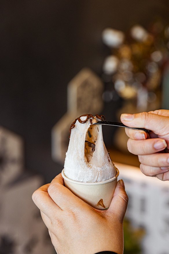 Mochi skin adds a chewy stretch to the gelato. 