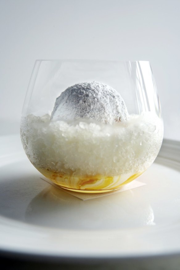 Jackfruit granita and custard apple snow egg at Quay. The dish, last served in 2018, left a lasting impact on desserts in Sydney.