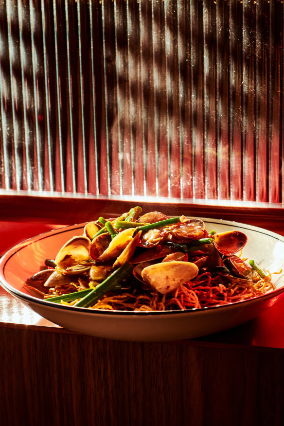 XO pipis with garlic shoots and noodles.