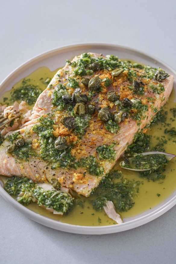 Roast salmon with lemony salsa verde.