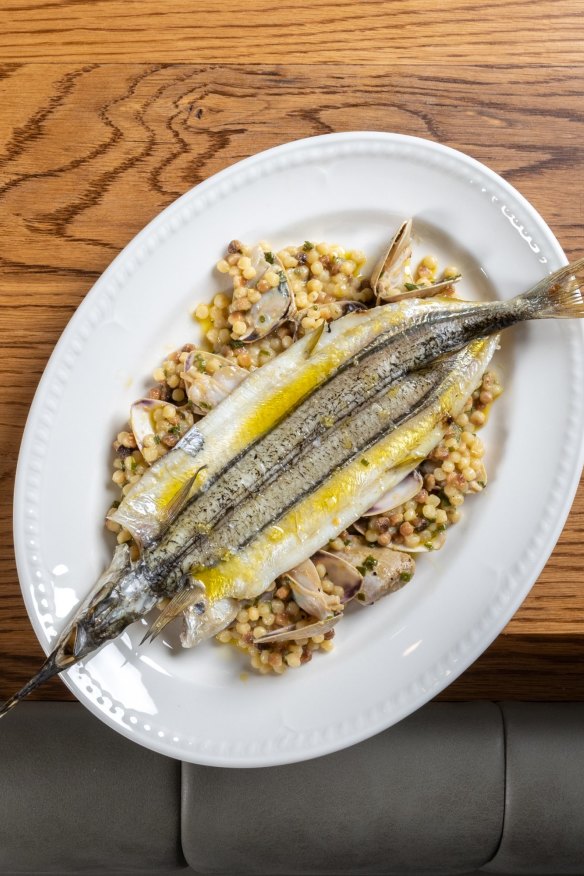 Garfish with pipis and fregola.