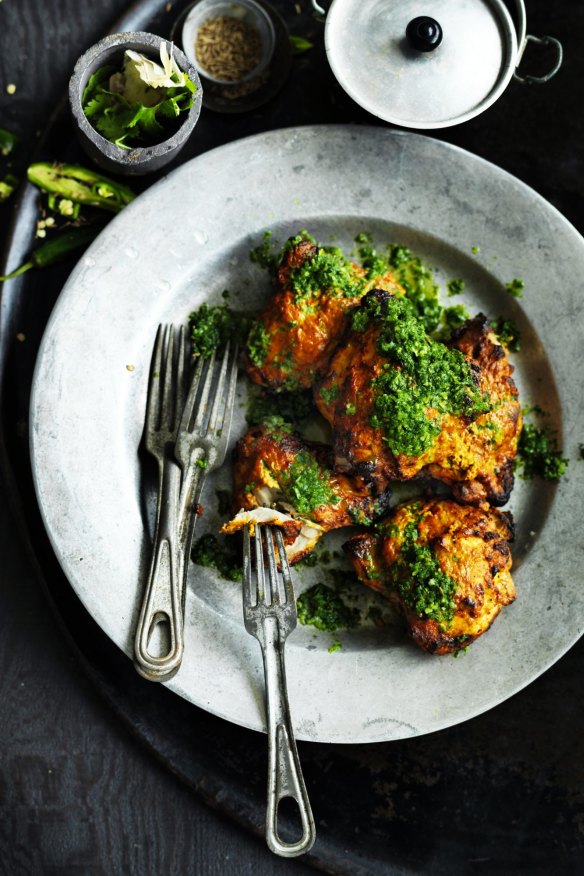 Tandoori chicken with mint and coriander relish. 