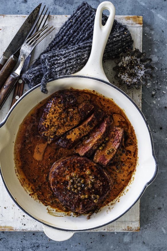 Adam Liaw’s fillet steak with green peppercorn sauce.