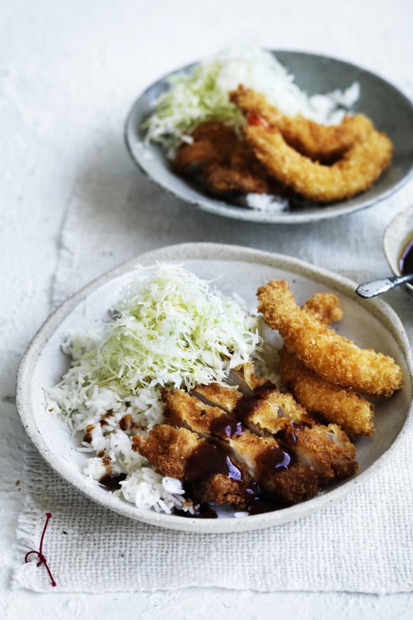 Donburi (Japanese rice bowl) with crumbed pork and prawns.