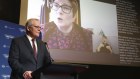Prime Minister Scott Morrison and Minister for Women Marise Payne on the screen, during the National Summit on Women’s Safety.
