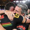 Nathan Cleary of the Panthers hugs his father and coach Ivan Cleary after winning the 2021 NRL grand final.