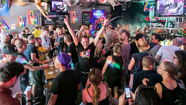 Marriage-equality advocates celebrate the “yes” verdict at the Stonewall Hotel following Australia’s postal vote in 2017.