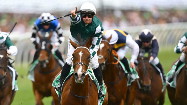 James McDonald wins the group 1 Champions Stakes at Flemington.