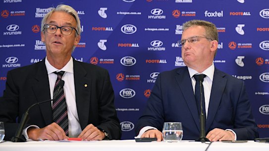 FFA chief executive David Gallop, chairman Chris Nikou and A-League boss Greg O'Rourke.