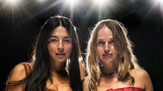 Model Jessica Gomes and Nagnata founder Laura May Gibbs at Australian Fashion Week.