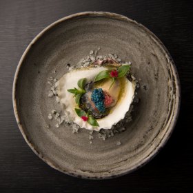 Angasi oyster with finger lime and scampi caviar. 