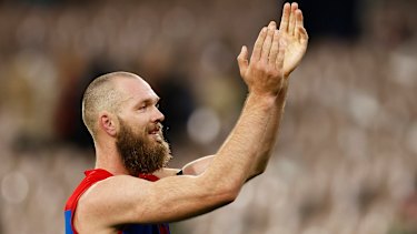 Max Gawn gestures to the fans after the Demonsâ€™ round 15 clash with the Bombers at the MCG.