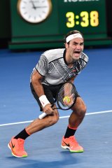 Roger Federer celebrates defeating Rafael Nadal in the 2017 Australian Open final.