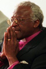 December 19, 1997: Archbishop Desmond Tutu, chairman of South Africa's Truth and Reconciliation Commission, prepares for a press conference.