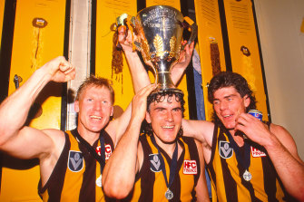 Andy Collins, Greg Dear and Gary Ayres after the 1989 grand final.