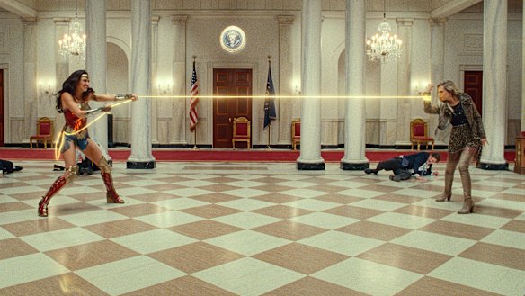 Wonder Woman (Gal Gadot) squares off against her new nemesis Barbara Minerva, aka Cheetah (Kristen Wiig), in Wonder Woman 1984.