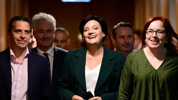 NSW Labor leadership contender Jodi McKay (centre) and supporters arrive for the leadership caucus ballot at NSW Parliament on Saturday.