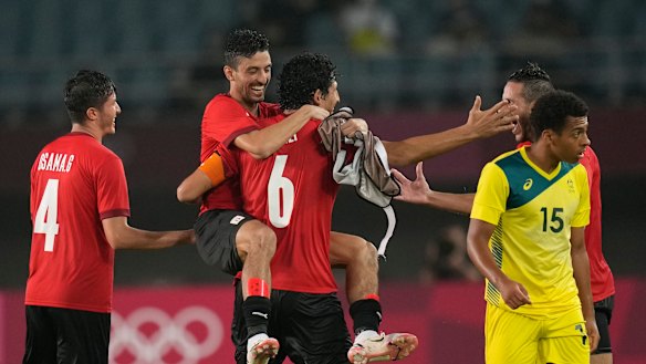 Egypt celebrate their 2-0 victory over the Olyroos in Sendai, Japan.