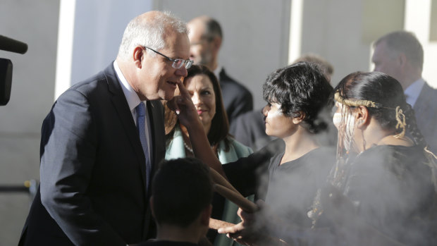 Scott Morrison and Jenny Morrison attended a smoking ceremony at Parliament House on Tuesday. 