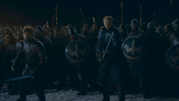 Sneak peek: Jaime Lannister (Nikolaj Coster-Waldau) and Brienne of Tarth (Gwendoline Christie) in battle.