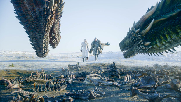 Daenerys Targaryen (Emilia Clarke) and Jon Snow (Kit Harington) in a scene from the Game of Thrones premiere.