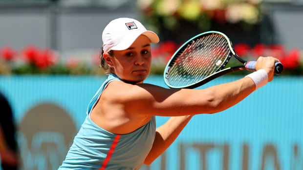 Ashleigh Barty plays a backhand during her third round match in Madrid against Spaniard Paula Badosa.