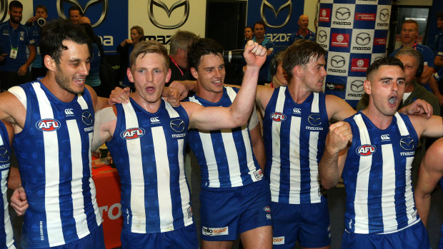 Relief: North Melbourne got their first win of the season against the Crows on Saturday night.