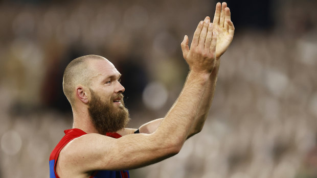 Max Gawn gestures to the fans after the Demons’ round 15 clash with the Bombers at the MCG.