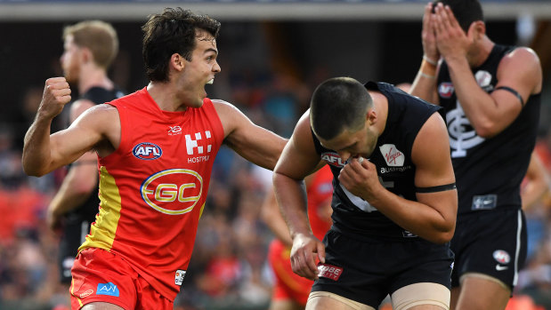 Jack Bowes of the Suns reacts after kicking the match-winning goal against the Blues on Sunday.