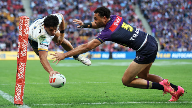 Bailey Simonsson scores for Parramatta against Melbourne.