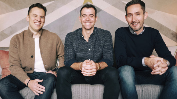 Instagram's chief executive Adam Mosseri, centre, poses for a photo with Instagram co-founders Kevin Systrom, right, and Mike Krieger.