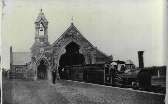 A funeral train in the mortuary station at Rookwood Cemetery in the 1870s. 