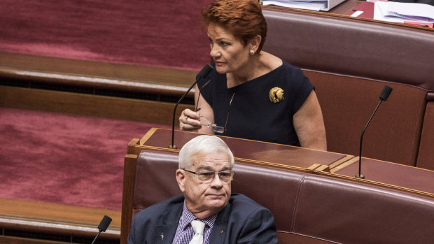 Brian Burston and Pauline Hanson in the Senate on Thursday. 