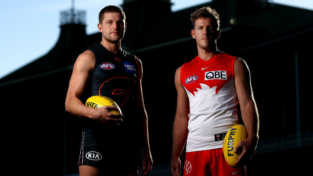 Respect ... Jacob Hopper of the Giants and Luke Parker of the Swans at the SCG on Tuesday.