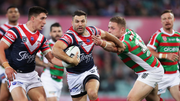 James Tedesco breaks away against arch-rivals South Sydney in last year's finals series.