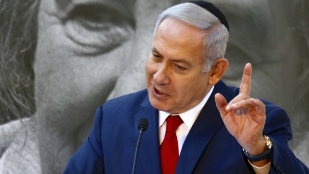 Israeli Prime Minister Benjamin Netanyahu speaks during the late Prime Minister Golda Meir's 40th memorial ceremony in Jerusalem, on Sunday.