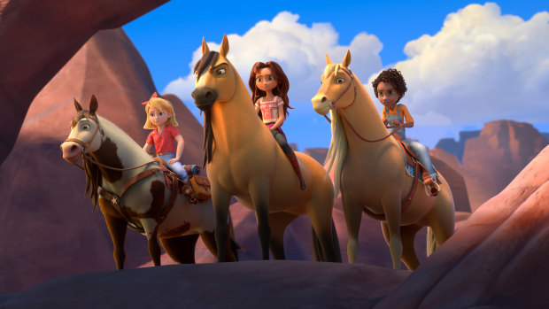 Abigail Stone (Mckenna Grace) riding Boomerang, Lucky Prescott (Isabela Merced) riding Spirit and Pru Granger (Marsai Martin) riding Chica Linda in Spirit Untamed.