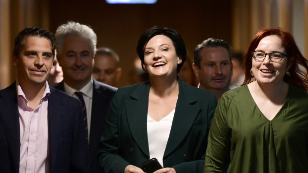 NSW Labor leadership contender Jodi McKay (centre) and supporters arrive for the leadership caucus ballot at NSW Parliament on Saturday.